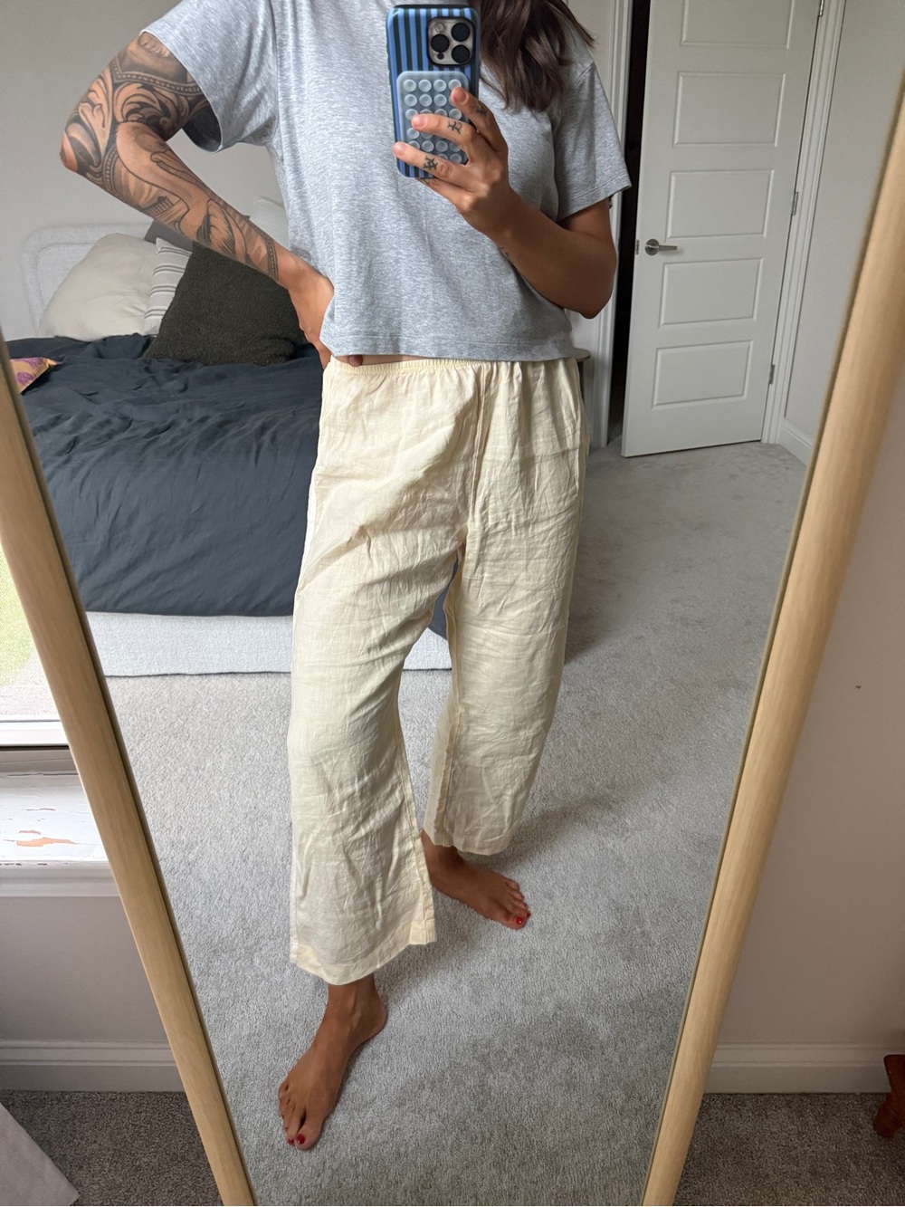 DONNI The Linen Crop Stripe Pant in butter yellow